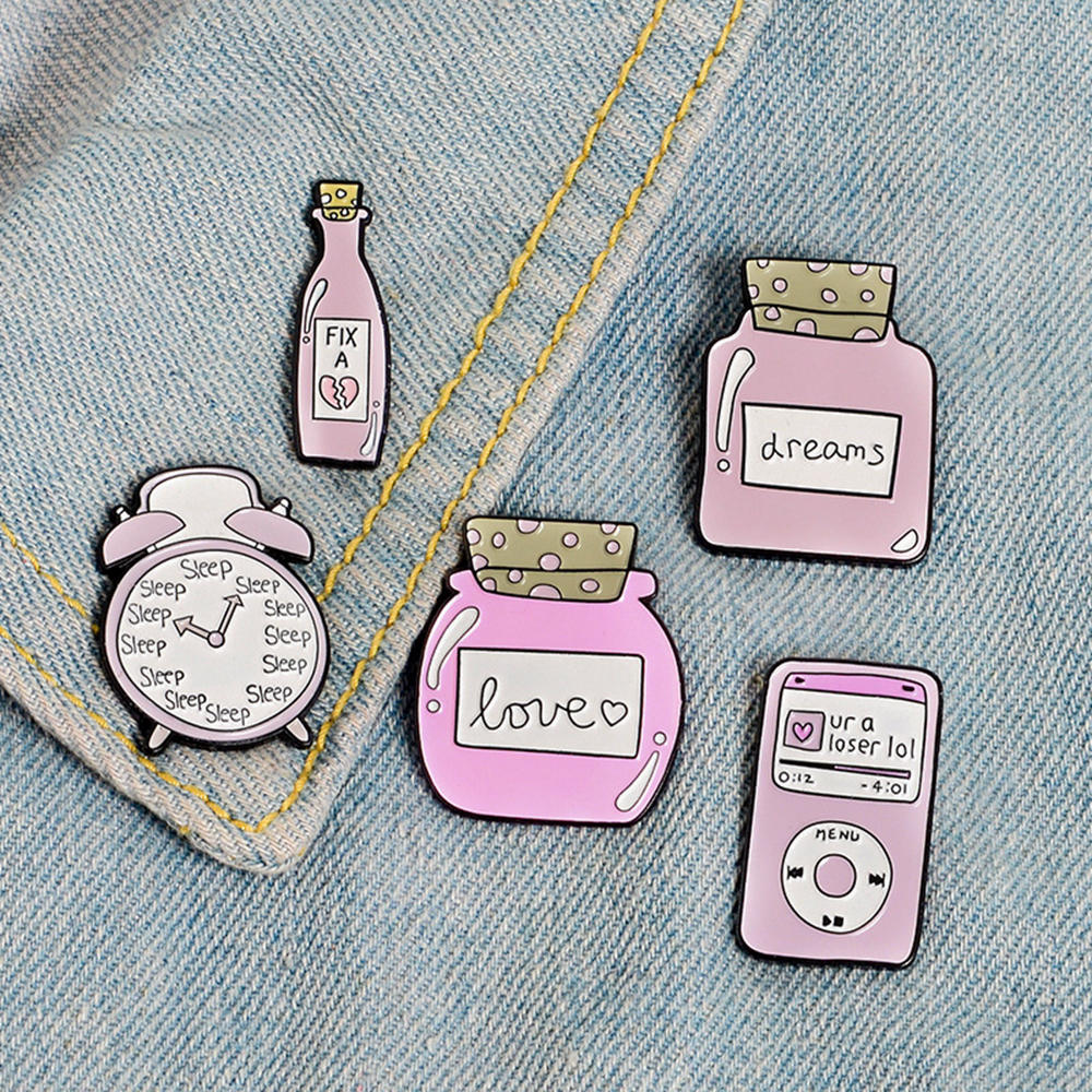 GAOJINDU19 Cute Lovely Bag Decor Denim Decorative Enamel Lapel Pin Dreams Bottle Badges Cartoon Brooch Love Clock