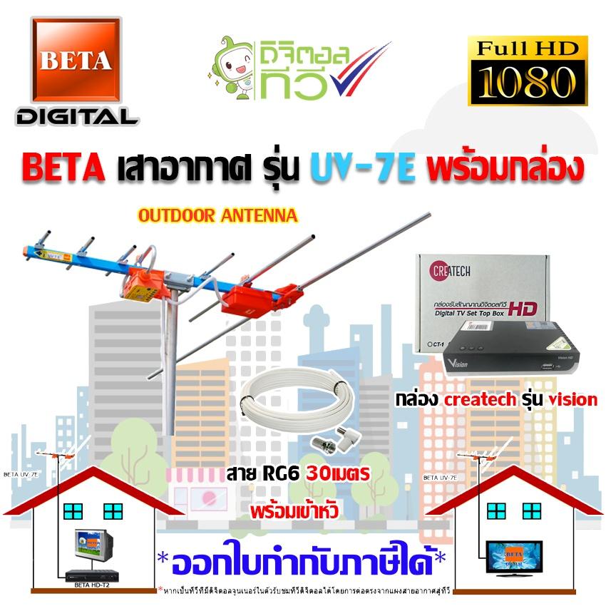 BETA เสาอากาศ รุ่น UV-7E + กล่องดิจิตอลทีวี Createch รุ่น Vision พร้อมสายRG6 ยาว30เมตร