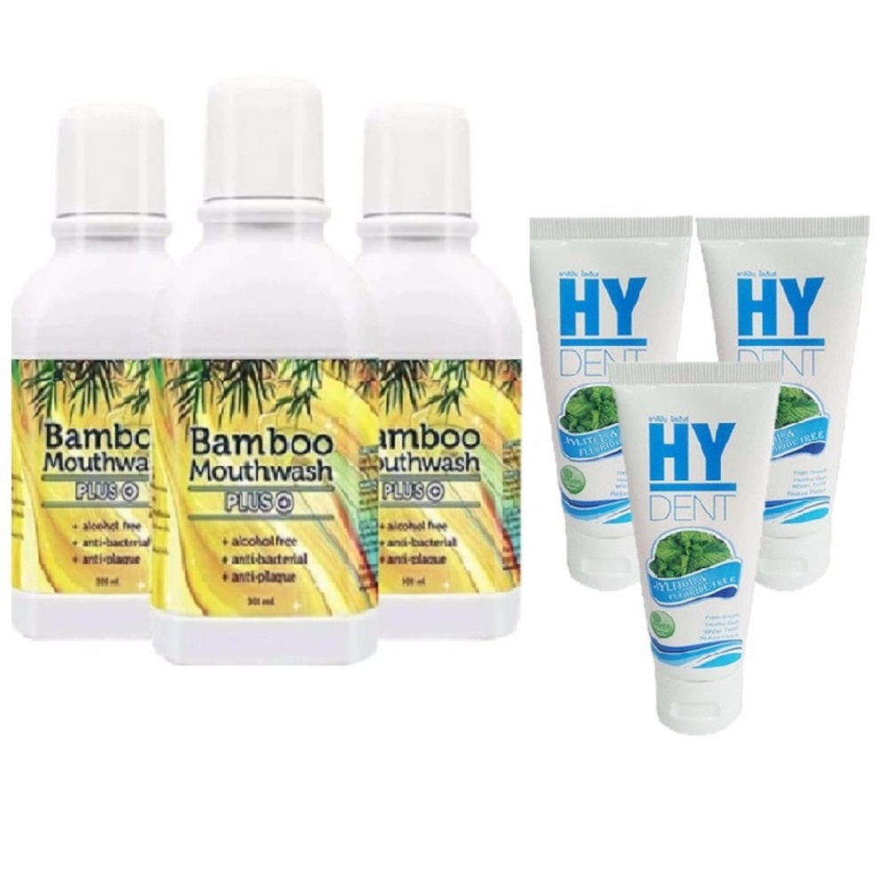 Bamboo Mouthwash Plus น้ำยาบ้วนปากขจัดคราบหินปูน 300ml. (3 ขวด) + ยาสีฟัน HYDENTทําให้ฟันขาว (3 หลอด)