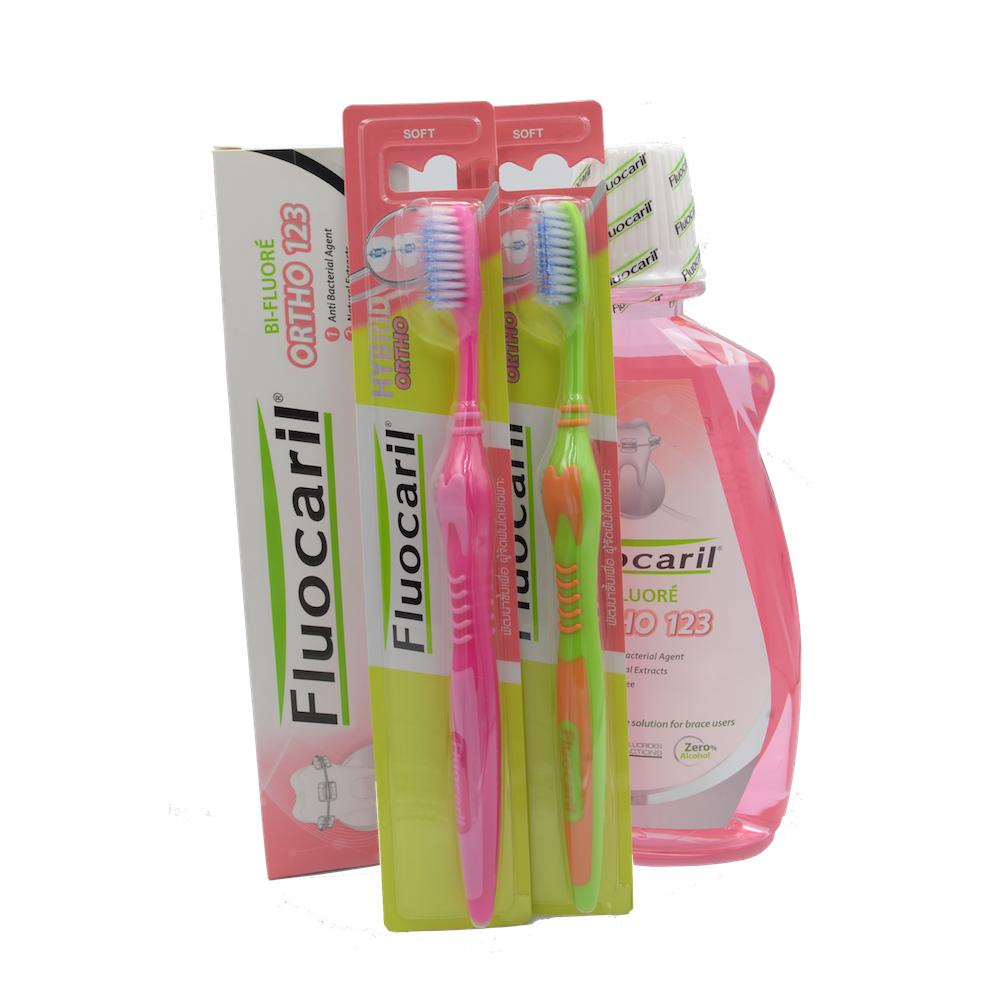 Fluocaril Ortho 123 Set: ชุดแปรงสีฟัน ยาสีฟัน น้ำยาบ้วนปากสำหรับคนจัดฟัน
