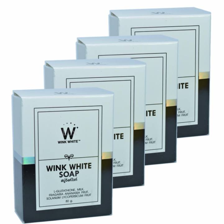   Wink White Soap สบู่วิงค์ไวท์ ผสมกลูต้า น้ำนมแพะ ช่วยทำความสะอาดผิว บำรุงผิว ให้ขาวเนียนใส ขนาด 80g. (4 ก้อน) pantip