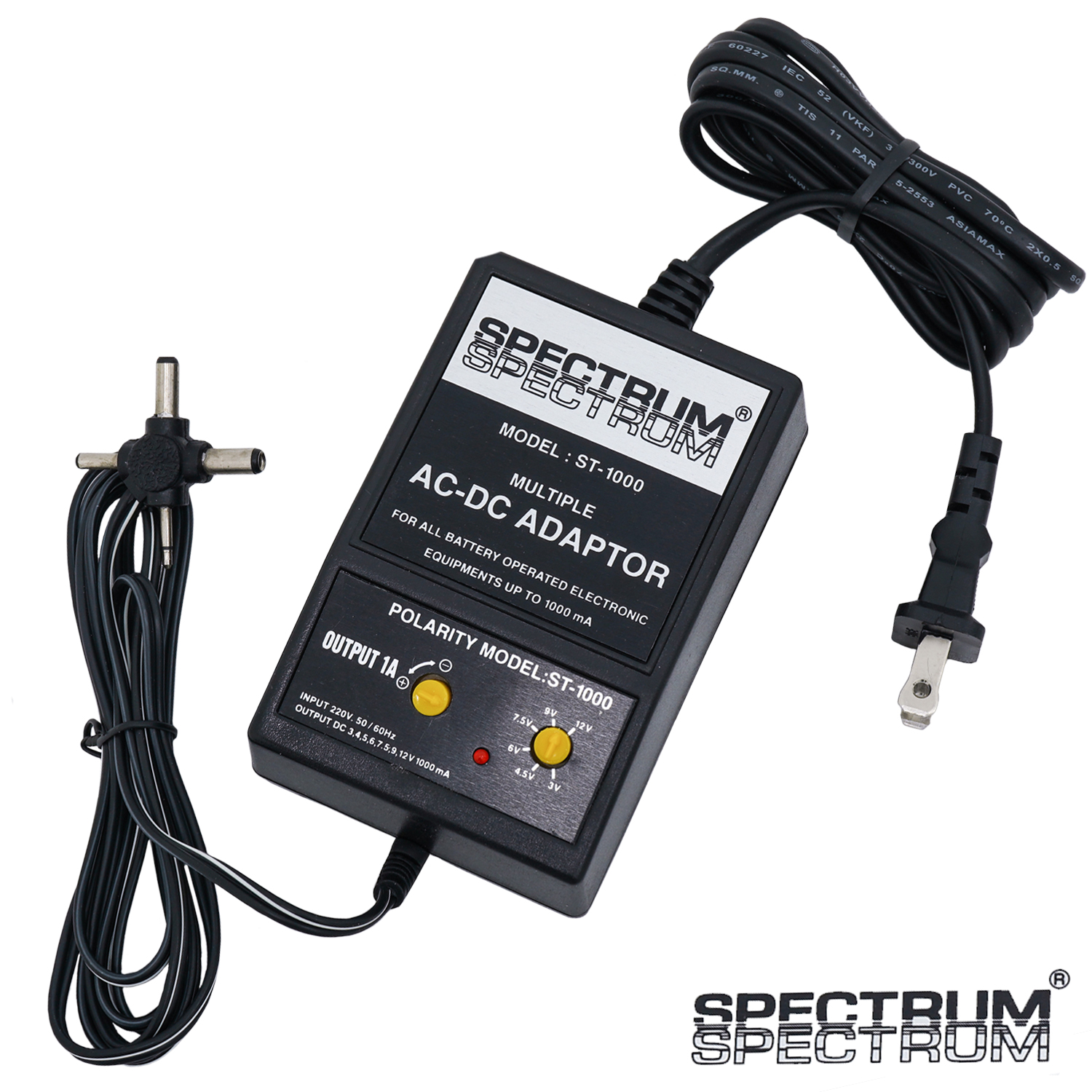 Spectrum ST-1000 AC-DC Adaptor หม้อแปลงคีย์บอร์ดไฟฟ้า จ่ายไฟ 1000 mA หัวแจ็ค 4 ทิศทาง ปรับขั้ว +/- ได้ โวลท์ปรับได้ตั้งแต่ 3, 4.5, 6, 7.5, 9, 12V