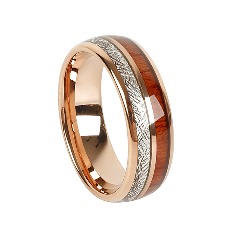 Custom LOVE Alliances wood meteorolites 8mm Tungsten Carbide ring Rose Gold Color wedding band Couple rings for men and women