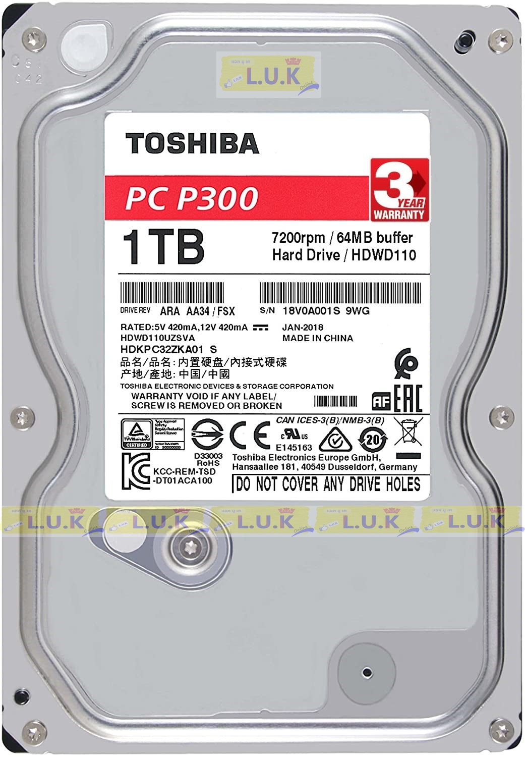 1 TB (ฮาร์ดดิสก์) Toshiba P300 SATA-III 64MB 7200RPM (HDWD110) - สินค้ารับประกัน 3 ปี