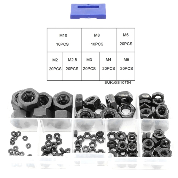 Bảng giá 140PCS M2-M10 Carbon Steel Black Hex Nylon Insert Lock Nuts Self-Locking Lock Nuts Lock Nuts