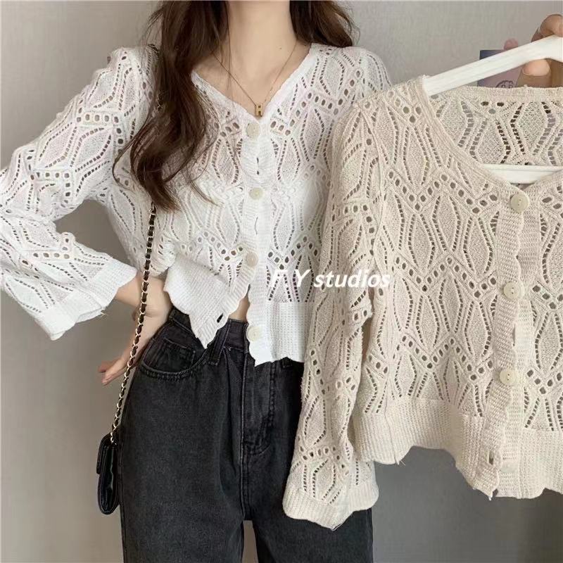 พร้อมส่ง️)เสื้อไหมพรม เสื้อลูกไม้แขนยาว กระดุมหน้า NO.