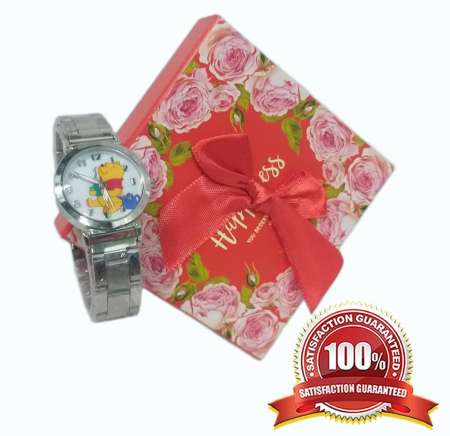 นาฬิกาข้อมือผู้หญิงสวยหรู （สีเงิน หน้าหมีพุ) กันน้ำ (มาใหม่ล่าสุด) พร้อมกล่อง224