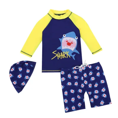 Baby Boy Split Swimsuit Suit Long Sleeve Top Pants Swimming Cap 3pcs/set 2-13Yrs Kids Swimwear Diving