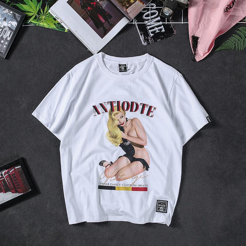 Gaya Barat jalanan Trendi bersablon wanita cantik spoof Hip hop longgar model Harajuku Model bf Pria dan wanita pasangan lengan pendek baju kaos