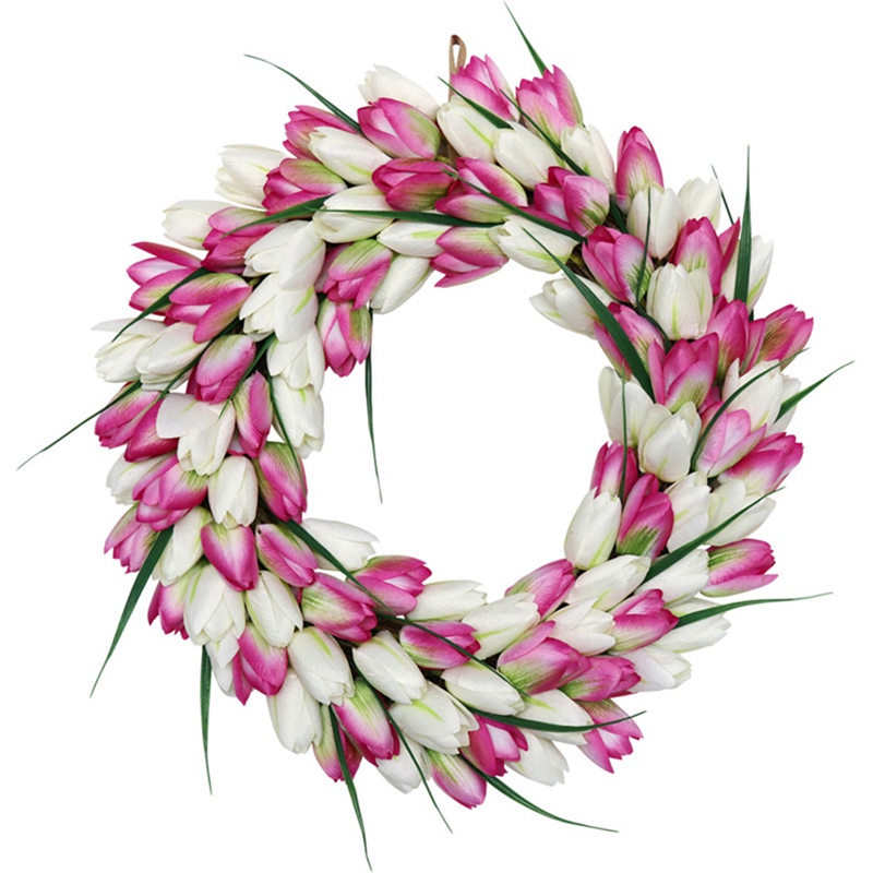 Artificial Tulip Wreath Springtime Wreath for Front Door Window Wall Party Wedding Valentines Day Hanging Decorations