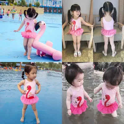 Lovely Cute Kids Baby Girls Flamingo One-Piece Swimming Suits Lace Ruffles Lovely Girls Cartoon Swimwear Swimsuit Beachwear 1-6Y