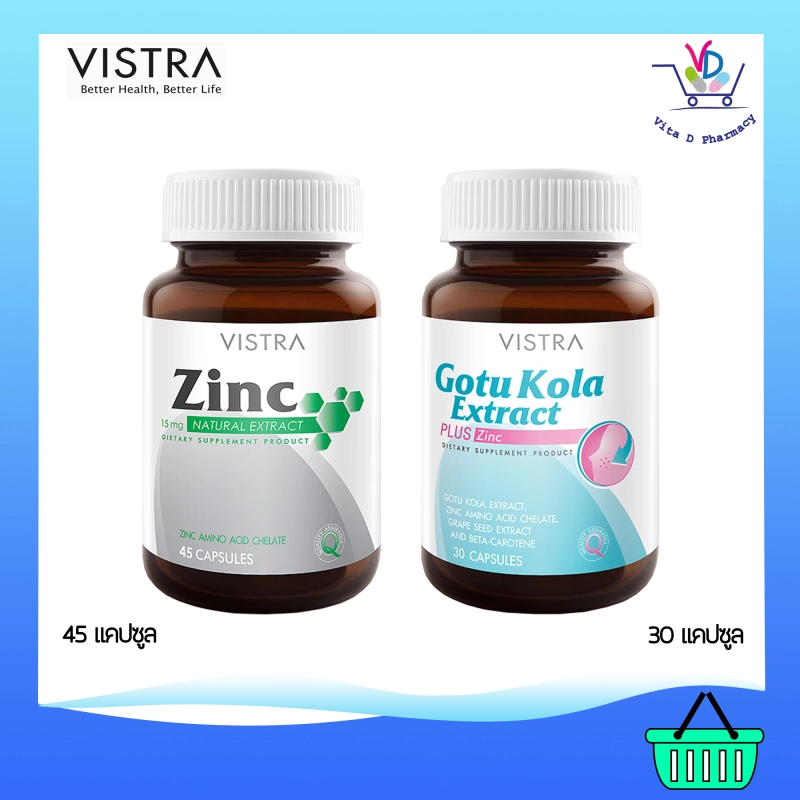 ภาพหน้าปกสินค้าVistra Gotu Kola Extract plus Zinc 30 แคปซูล Vistra Zinc 15mg 45 แคปซูล แร่ธาตุสังกะสิ รักษาปัญหาสิว ปัญหาผมร่วง จากร้าน Vita D Pharmacy บน Lazada