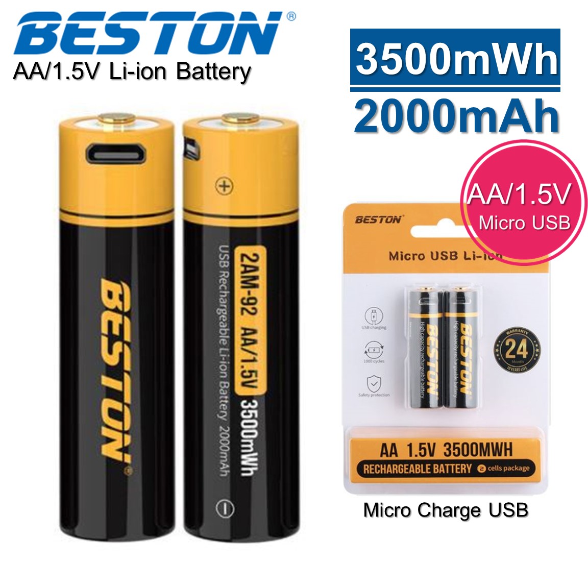 Beston ถ่านชาร์จ AA 1.5V 3500mWh Micro USB Liion Battery 2 ก้อน