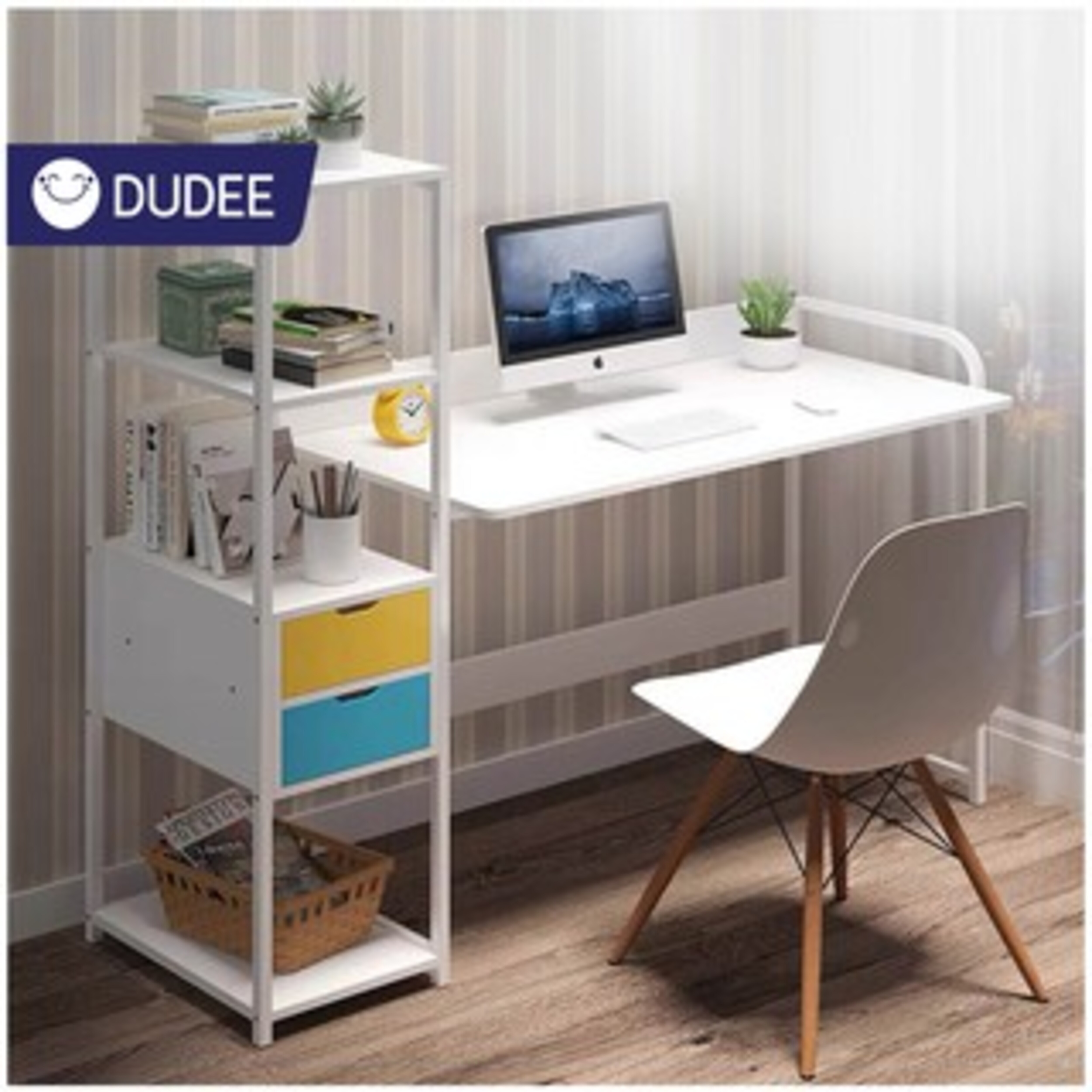 DUDEE โต๊ะทำงานไม้ โต๊ะคอมพิวเตอร์ พร้อมชั้นวางของขาเหล็กกล้าพ่นสีกันสนิมโต๊ะทำงานโต๊ะอ่านหนังสือ