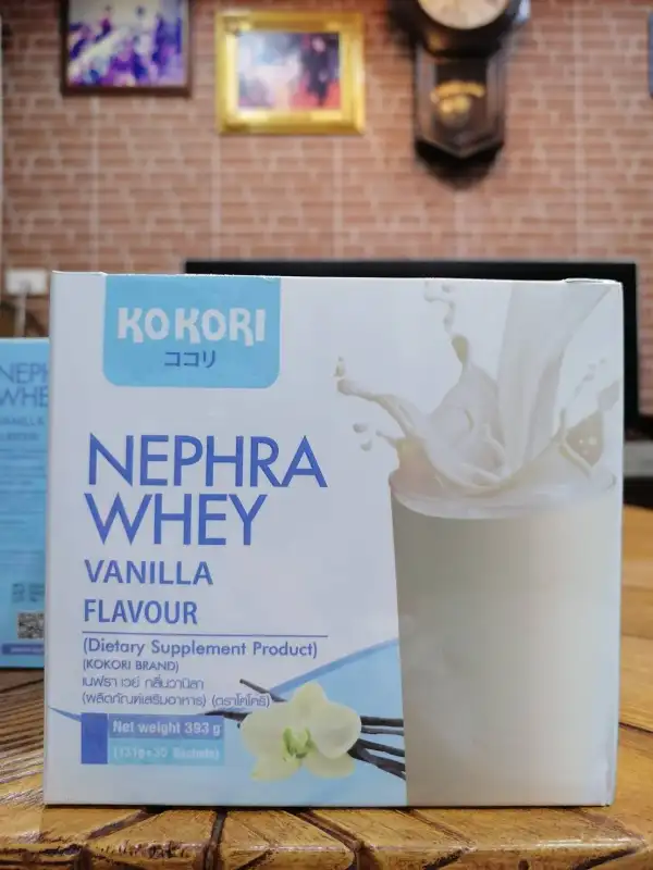 ภาพสินค้าKoKori NEPHRA WHEY Vanilla Flavour โปรตีนไข่ขาวรสวานิลลา นมไข่ขาวสำหรับผู้ป่วยโรคไต ทานเสริมโปรตีน ทานแทนไข่ขาว 1 ซองมีโปรตีนเท่ากับไข่ขาว 3 ฟอง จากร้าน Kaninnat01 บน Lazada ภาพที่ 1