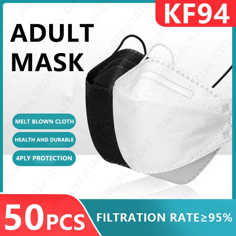 【มีสินค้า】PINSV 50เม็ดชั้น4 KF94 หน้ากากอนามัยเวอร์ชั่นเกาหลี ต้นฉบับ ระบายอากาศPM2.5ทำซ้ำได้ หน้ากากป้องกันสีขา หน้ากากดำป้องกันการ ผู้ใหญ่