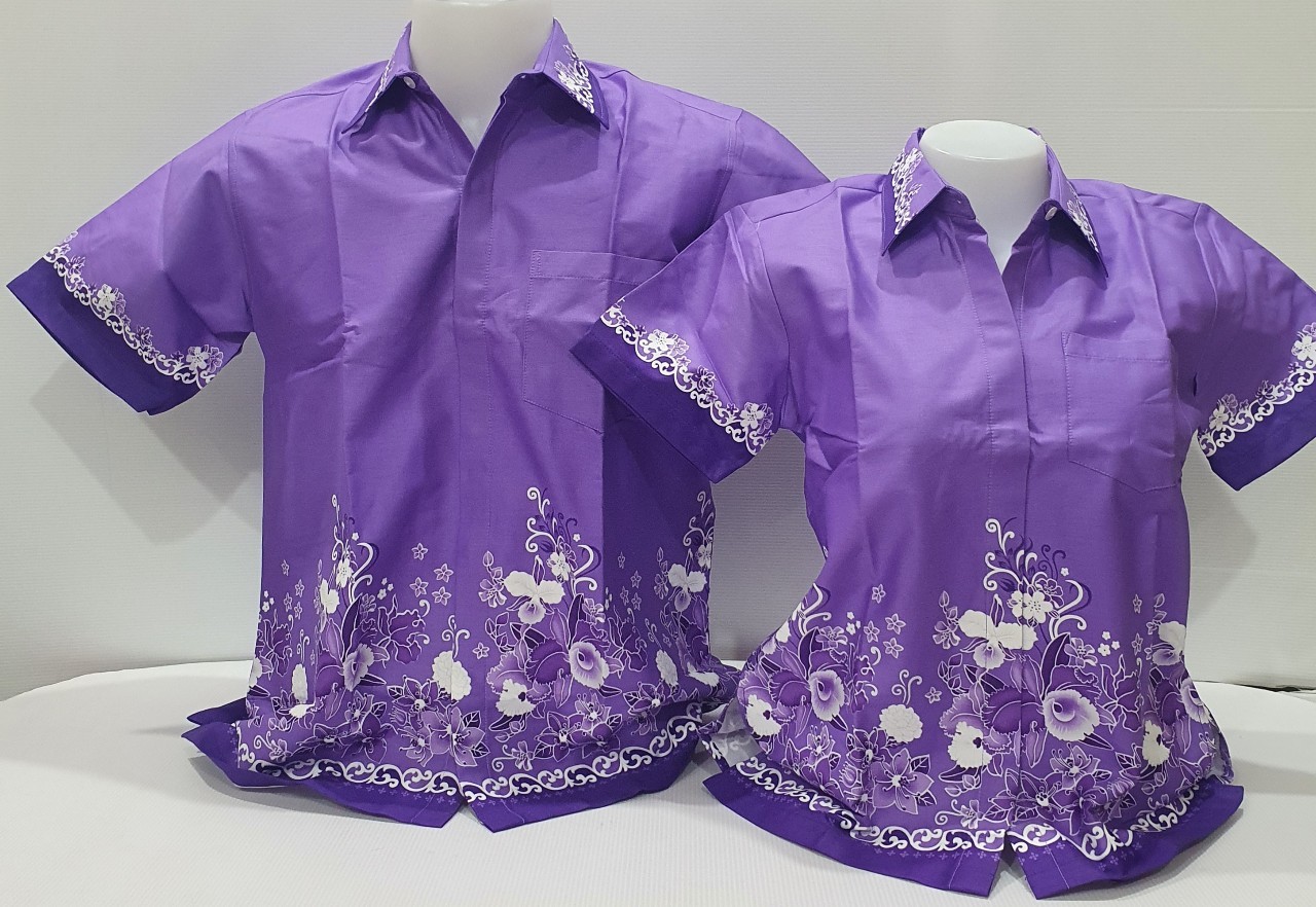 เสื้อลายไทยคอเชิ้ต - สีม่วง ลายดอกไม้ ผู้ชาย/ผู้หญิง