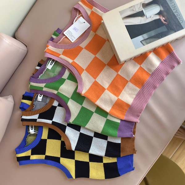 (2545)เสื้อครอปแขนกุดไหมพรมknit ทอลายตารางสลับสี สไตล์ฮิปสเตอร์สุดชิค ...