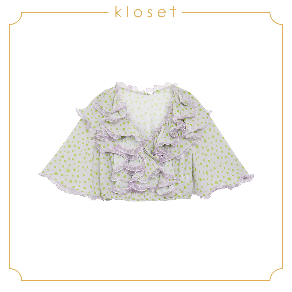Kloset Ruffled Crop Top (RS19-T006) เสื้อผ้าผู้หญิง เสื้อผ้าแฟชั่น เสื้อแฟชั่น เสื้อตัวสั้น เสื้อคล็อป เสิ้อพิมพ์ลาย สี สีเขียว สี สีเขียวไซส์ L