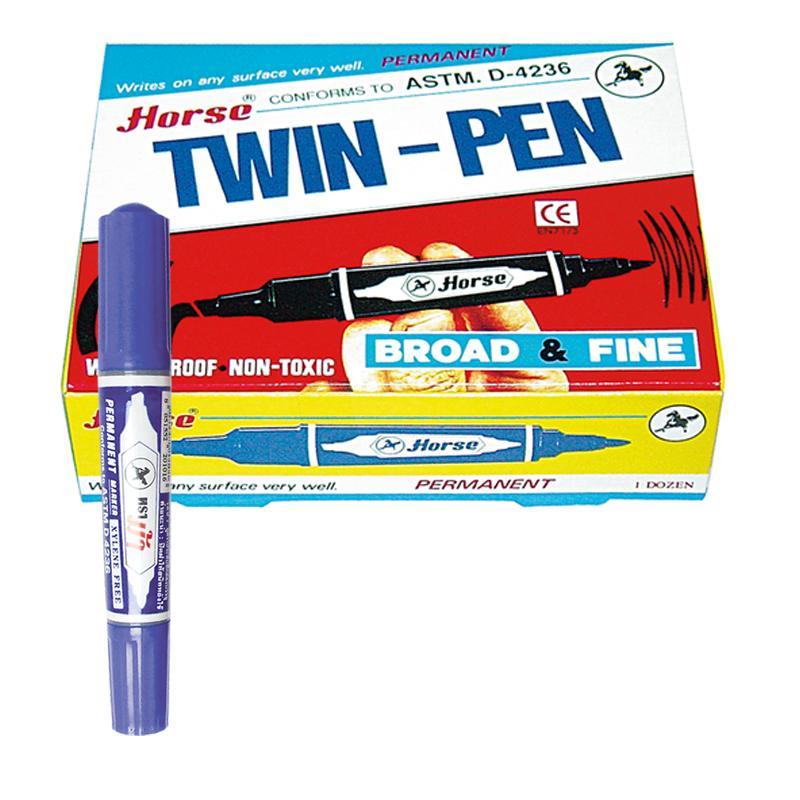 Writing ตราม้า ปากกาเคมี 2 หัว สีน้ำเงิน แพ็คละ 12 ด้าม อุปกรณ์การเขียน เขียนอักษร ฝึกทักษะการใช้มือ