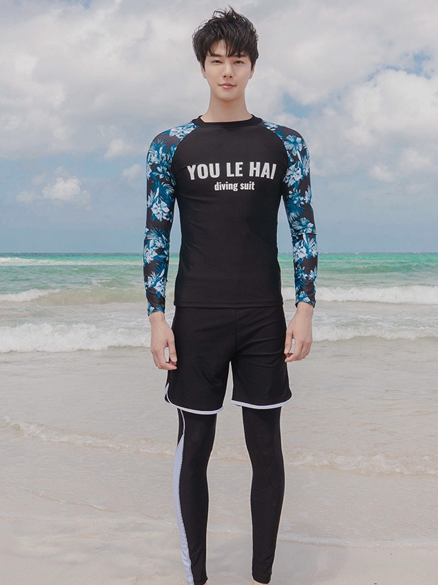 BB ชุดว่ายน้ำชาย เซ็ท 3 ชิ้น เสื้อแขนยาว+กางเกงขายาว+กางเกงขาสั้น (สีดำ) รุ่น 2057