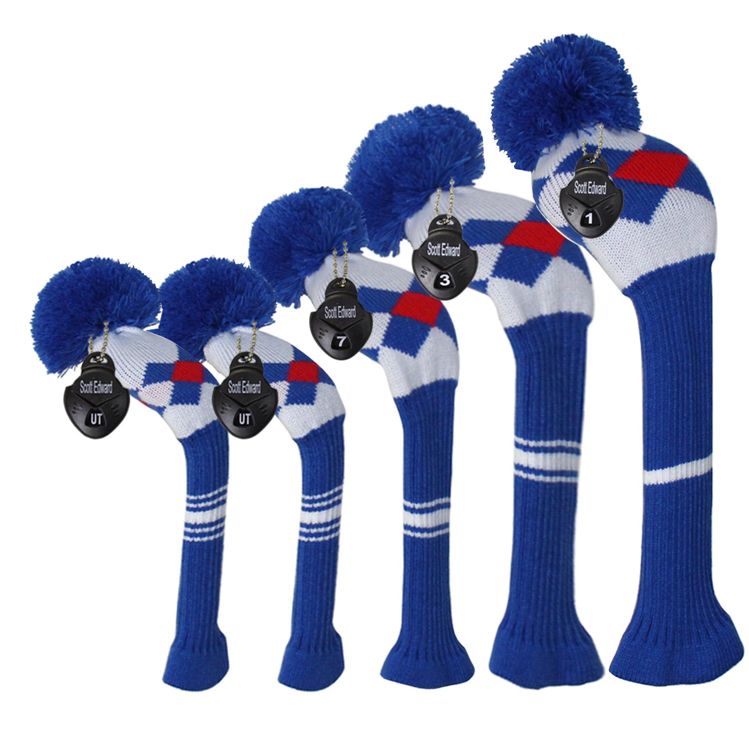 Scott Edward Knitted Pom Pom Golf Head Covers,Blue Red White Argyles