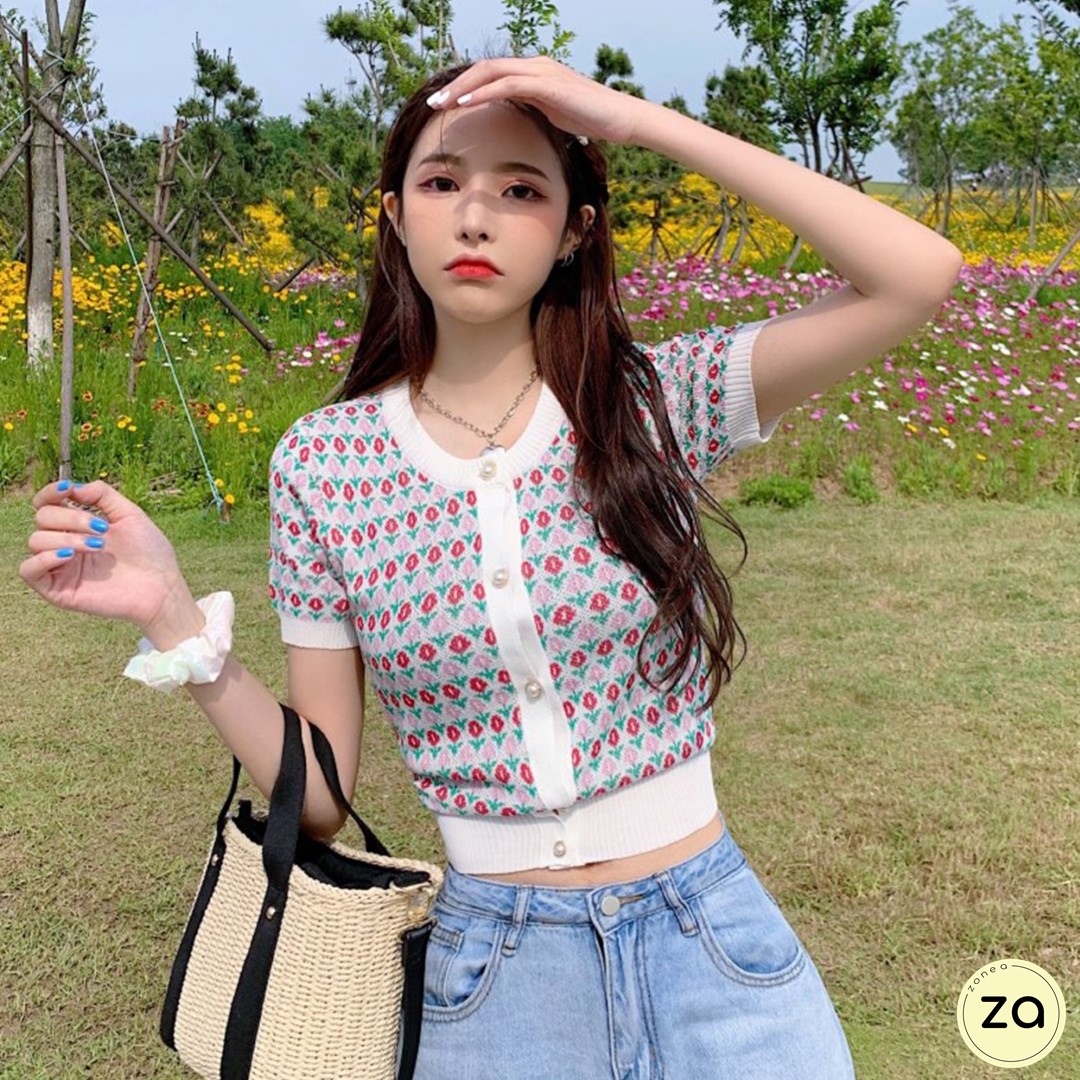 HOT SALE เสื้อไหมพรมลายดอกไม้ กระดุมมุก แขนสั้นคอวี - Zone A Fashion ...