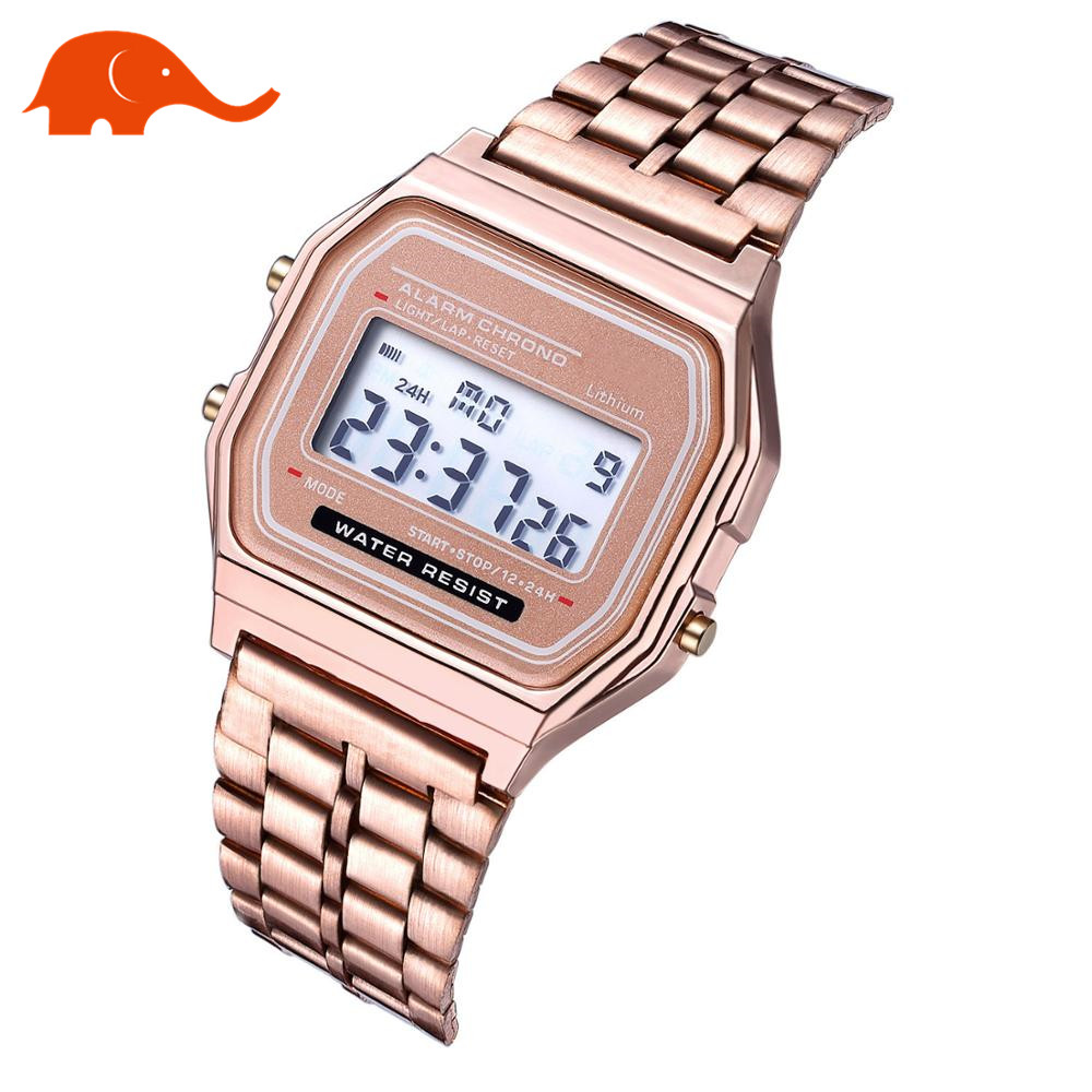 Elephant Luxury Rose Gold Women Digital Watch Ultrathin Steel LED