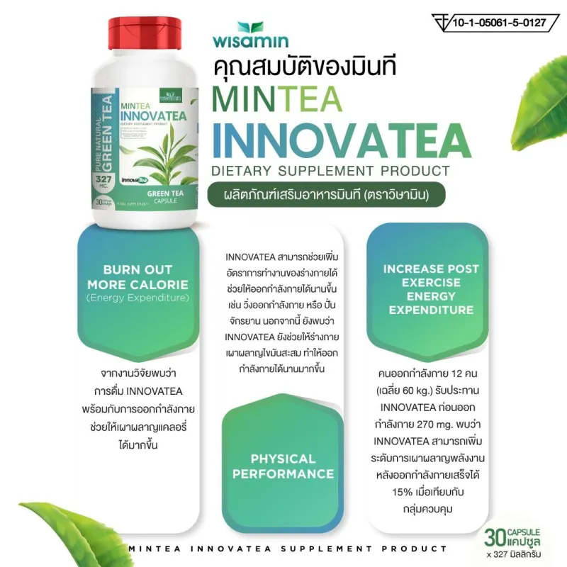 ภาพสินค้าMINTEA (มินที) ผลิตภัณฑ์เสริมอาหาร สารสกัดจากชาเขียวธรรมชาติ ปริมาณ 327 mg./แคปซูล (ตราวิษามิน) ขนาด 1 กระปุก 30 แคปซูล จากร้าน MAX GB SHOP บน Lazada ภาพที่ 6