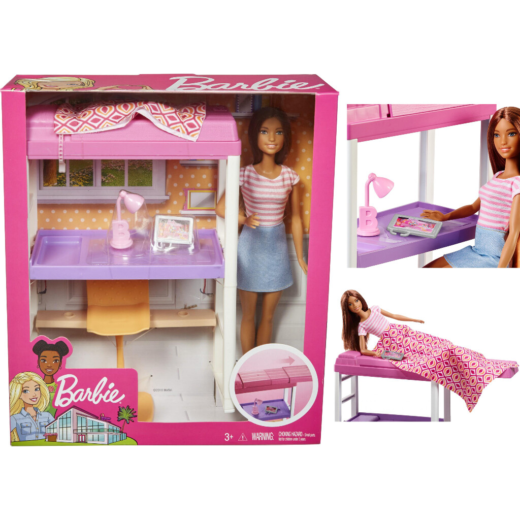 Barbie Doll & Furniture Loft Bed Playset เฟอร์นิเจอร์ 2 ใน 1 ของตุ๊กตา