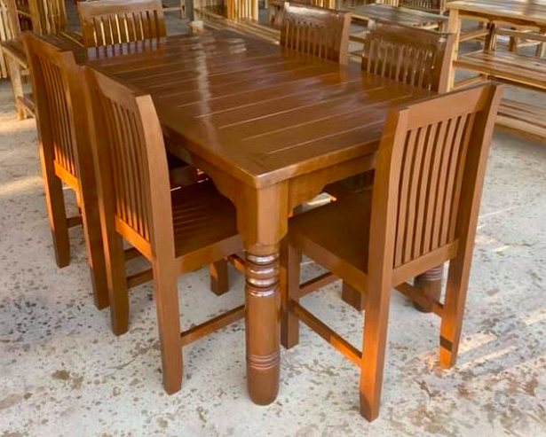 CPG ส่งฟรี ชุดโต๊ะอาหารไม้สัก 6 ที่นั่ง ชุดโต๊ะกินข้าว รุ่นเก้าอี้หลังระแนง สีโอ๊คแดงเคลือบเงากันน้ำ K-02