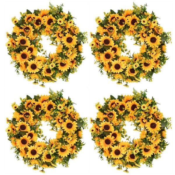 4X Artificial Sunflower Summer Wreath-16 Inch Decorative Fake Flower Wreath with Yellow Sunflower and Green Leaves