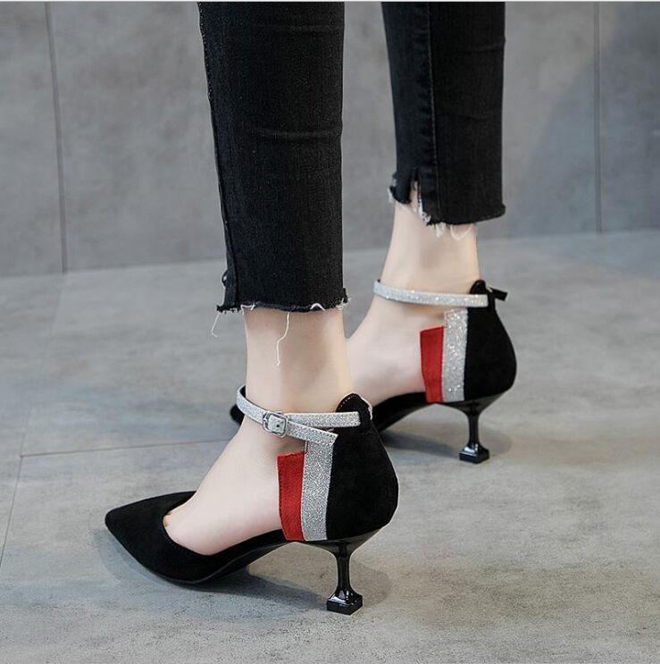 High-heeled shoes women's fine with 2019 new Korean version of the pointed wild baotou word buckle Roman hollow cat with single shoes women