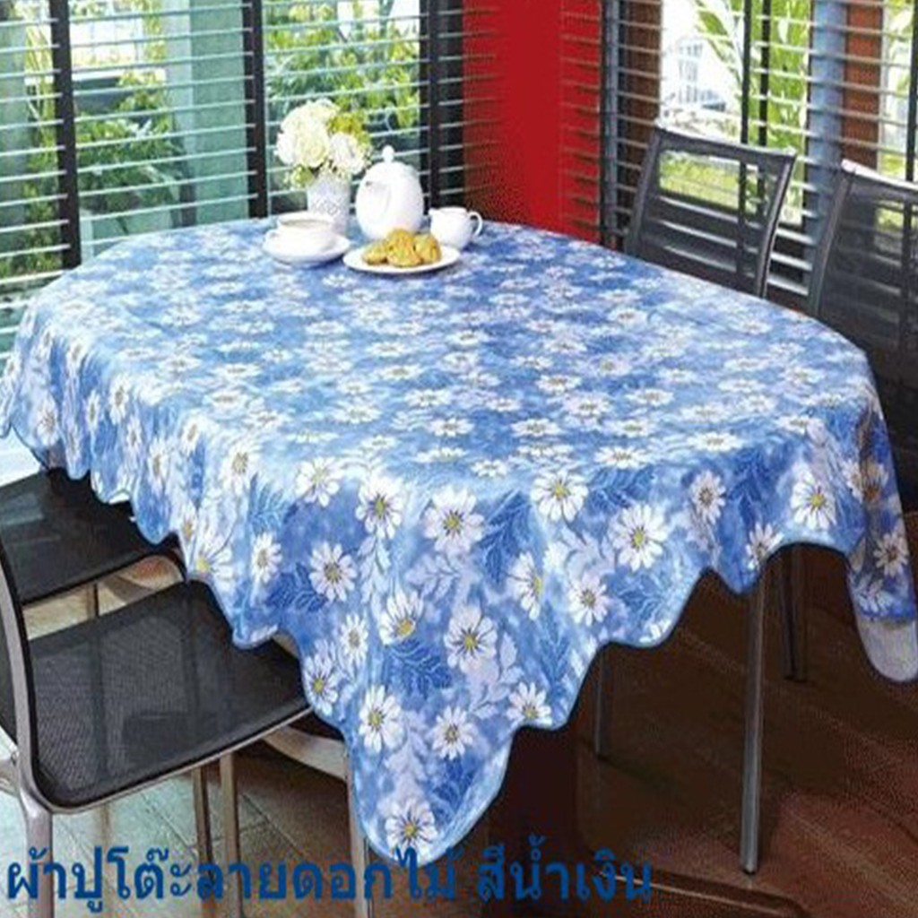 ผ้าปูโต๊ะทรงสี่เหลี่ยมผืนผ้า ลายดอกไม้ (สีน้ำเงิน)