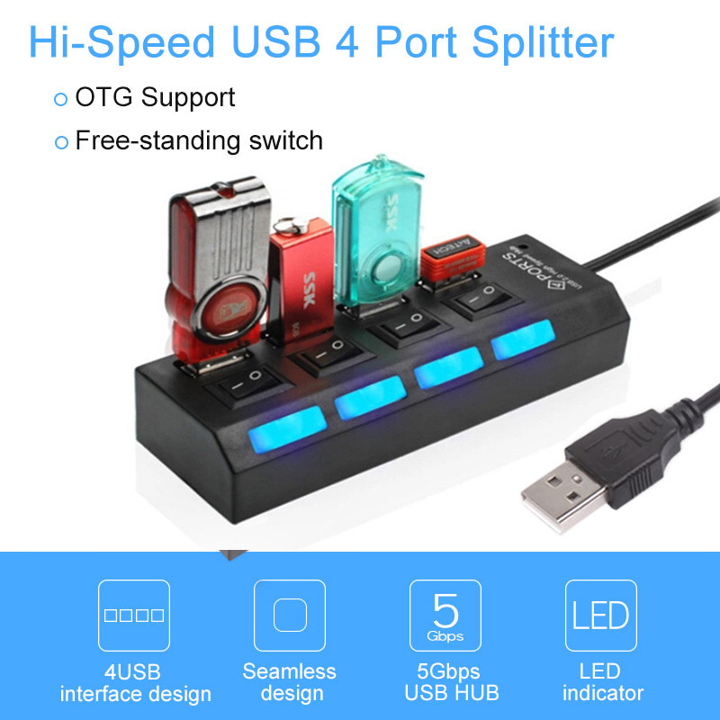 【พร้อมส่ง】High Speed USB HUB 4 Port Power On/Off Switch LED ตัวเพิ่มช่อง USB ช่องต่อ USB 4 พอร์ต พร้อมสวิตซ์ USB Hub อุปกรณ์เพิ่มช่อง USB A30