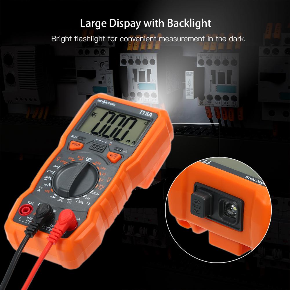 RICHMETERS RM113A NCV Digital Multimeter 2000 Counts HFE AC/DC Voltage Measuring Meter  with Magnetic Suction Flash Light Backlight Large Screen Multi-meter