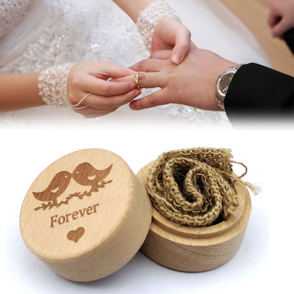 Container Vintage Round Wedding Engagement Wood Ring Box Jewelry Holder Case 