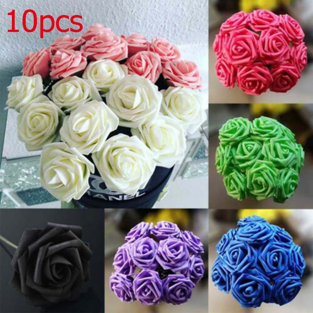 10Pcs Artificial Foam Roses Flowers With Stem Bouquet Wedding Bride Home Decor 
