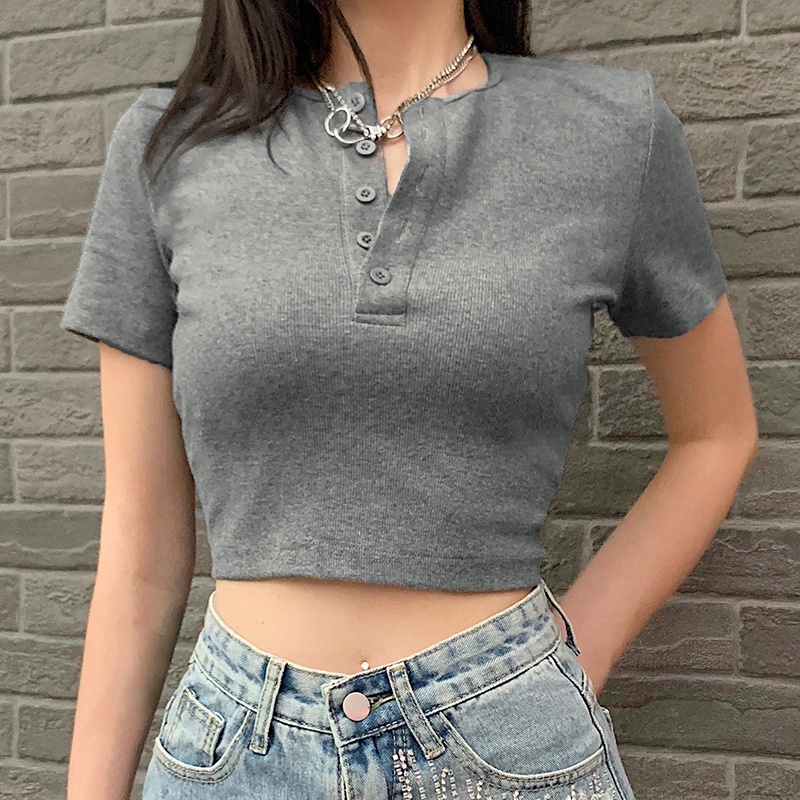 Women's Waist and Navel Solid Color Semi-Open Collar Short-Sleeved T-Shirt Women's Short Slim Bottoming Top