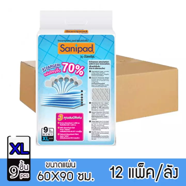Sanipad Incontinent pad (ขายยกลัง!! 12ห่อ) / แซนนิแพด แผ่นรองซับ (ไซส์ XL : 60 x 90ซม.) 9ชิ้น/ห่อ