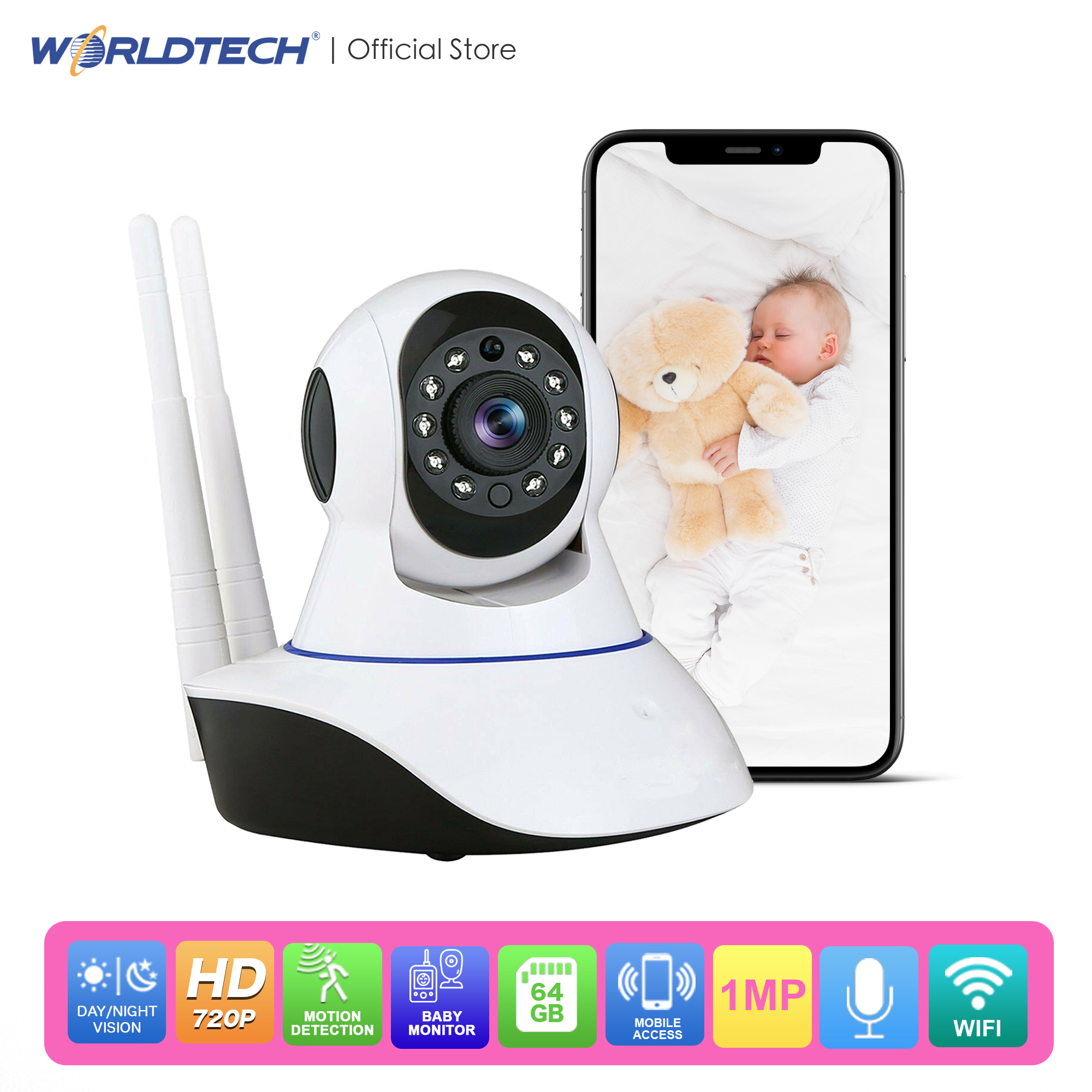 ราคา Worldtech WT-CCM002IP720P(GV)-BM Baby Monitor Security Camera CCTV Robot HD 720p Wireless IP CAMERA 1MP