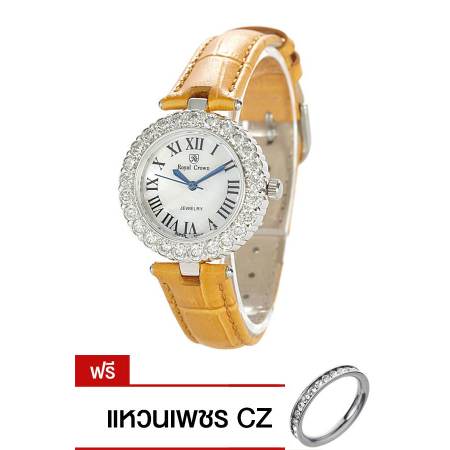 Royal Crown นาฬิกาประดับเพชรสุภาพสตรี Gold สายหนัง รุ่น 6305-LE Yellow (ฟรี แหวนเพชร CZ)