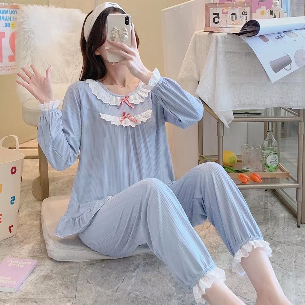 ชุดนอน ชุดนอนผู้หญิง ชุดนอนแขนยาวขายาว ชุดนอนผู้ใหญ่ แต่งโบด้านหน้า สไต ...
