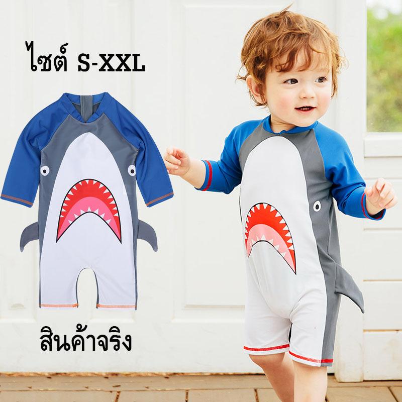 (S-XXL) ชุดว่ายน้ำเด็ก บอดี้สูทแขนยาว ลายหน้าปลาฉลาม  # 6427