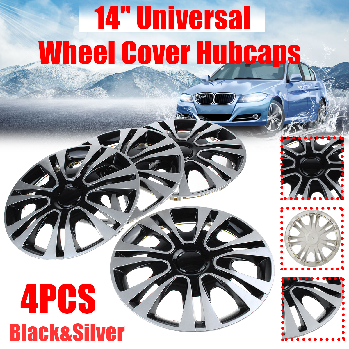 4 Pcs Universal 14inch  Black & Silver ผ้าคลุมพวงมาลัยรถยนต์ Hubcaps Wheel Cover Hubcaps