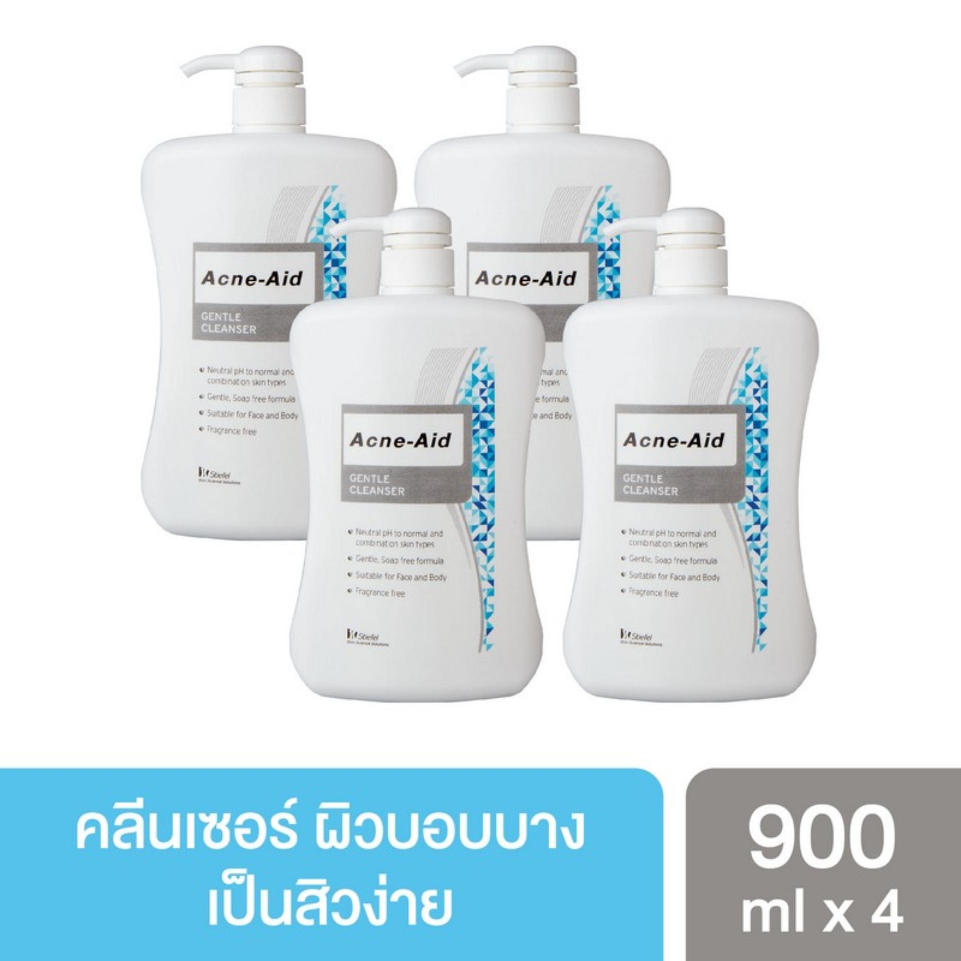 Acne-Aid แอคเน่-เอด เจนเทิ่ล คลีนเซอร์ คลีนเซอร์สำหรับปัญหาสิว เหมาะสำหรับผิวแห้งถึงผิวผสม รวมถึงผิวแพ้ง่าย สิวผด 900 มล. (แพ็คสี่) Acne-Aid Gentle Cleanser for acne prone skin ,Suitable for  dry, combination skin or sensitive skin with acne 900ml x4