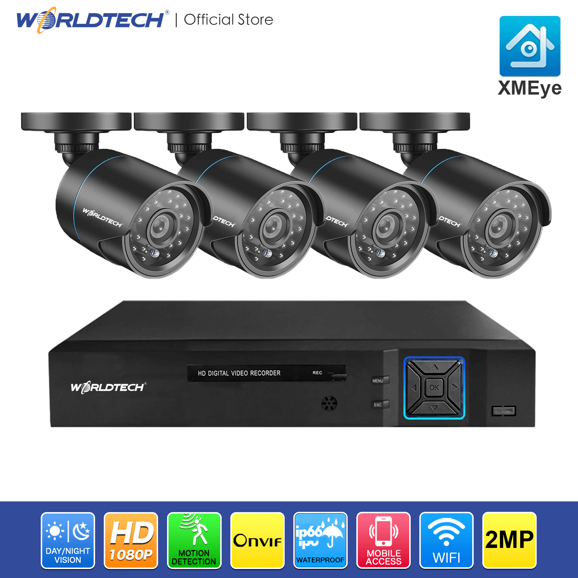 Worldtech รุ่น WT-AHDSET11080P  CCTV ชุดกล้องวงจรปิด 4 กล้อง HD AHD KIT 2.0 Mp