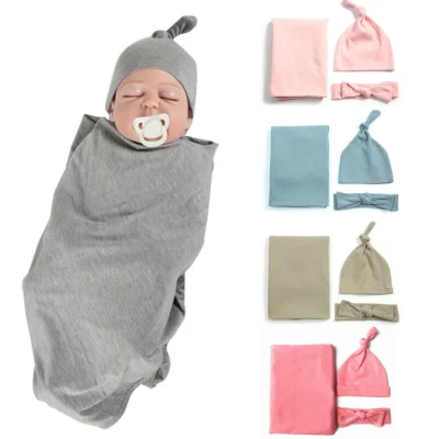 Newborn Baby Girl Boy Swaddle Wrap Blanket Sleeping Bag Headband HatOutfits Set