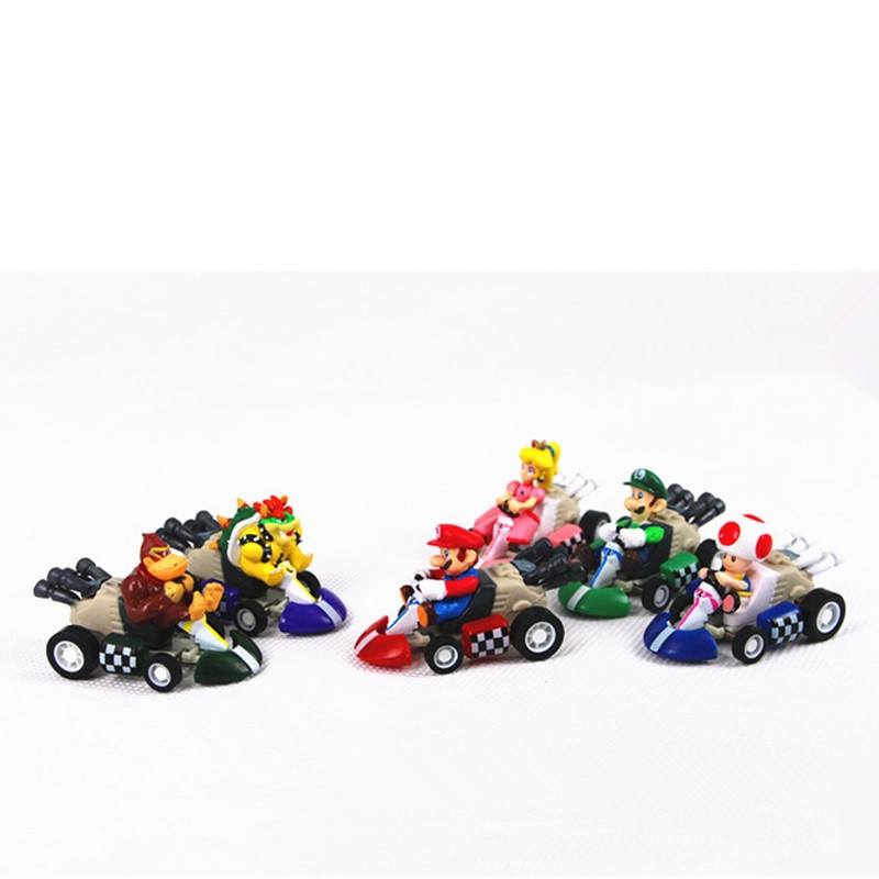 6pcsset Super Mario Bros Car Kart Pull Back Cars Yoshi Mario Luigikoopa Pvc Figures Toys Dolls 3506