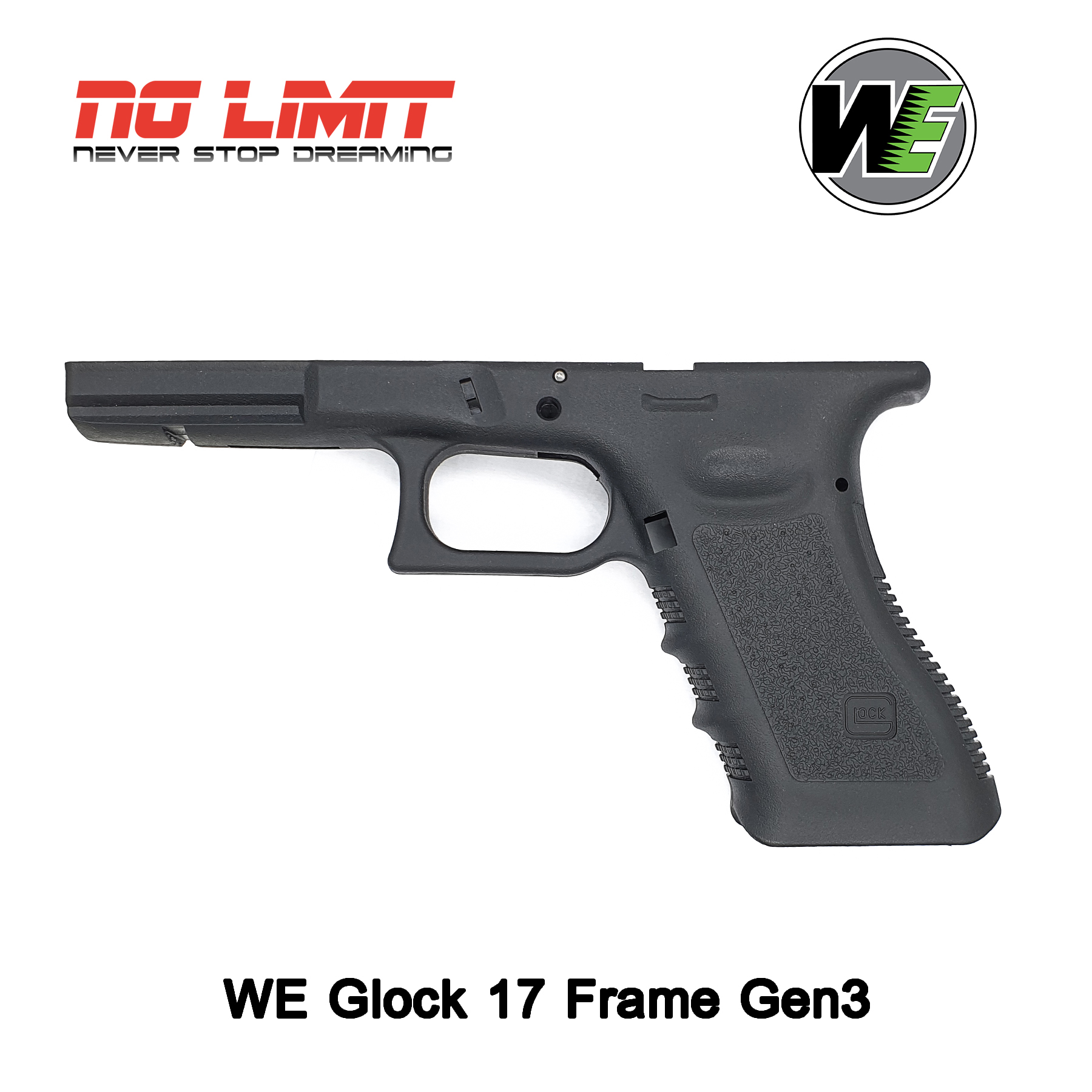 เฟรม Glock ฟูลมาร์คกิ้ง สำหรับ We G17 / G18 / G34 / G35 มีให้เลือกทั้ง Gen3 และ Gen4 โลโก้เหมือนจริง วัสดุเป็นโพลีเมอร์ อะไหล่บีบีกัน. 